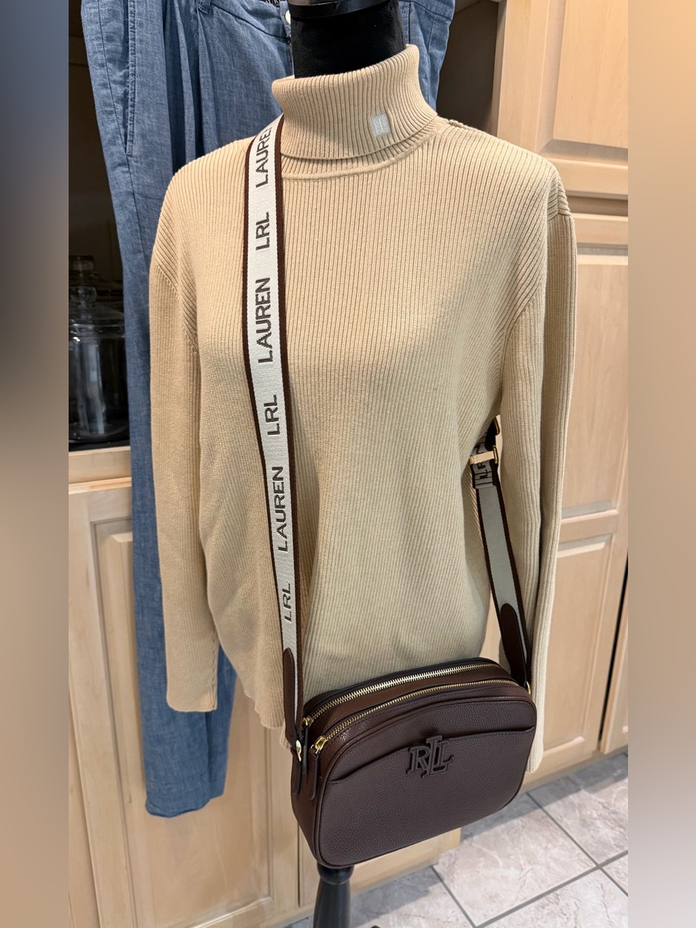 Ralph Lauren Dark Brown Pebbled Leather Crossbody with RLL Monogram - Picture 3 of 6